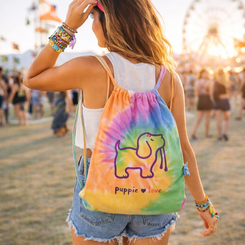🎒 Puppie Love Tie Dye Drawstring Backpack – Rainbow Cotton Cinch Sack